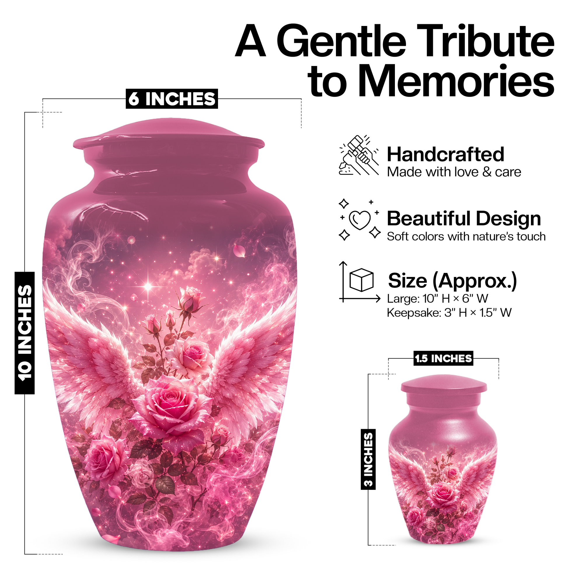 Pink Rose Cremation Urn for Ashes -  Personalized Angel Wings Memorial for Mother