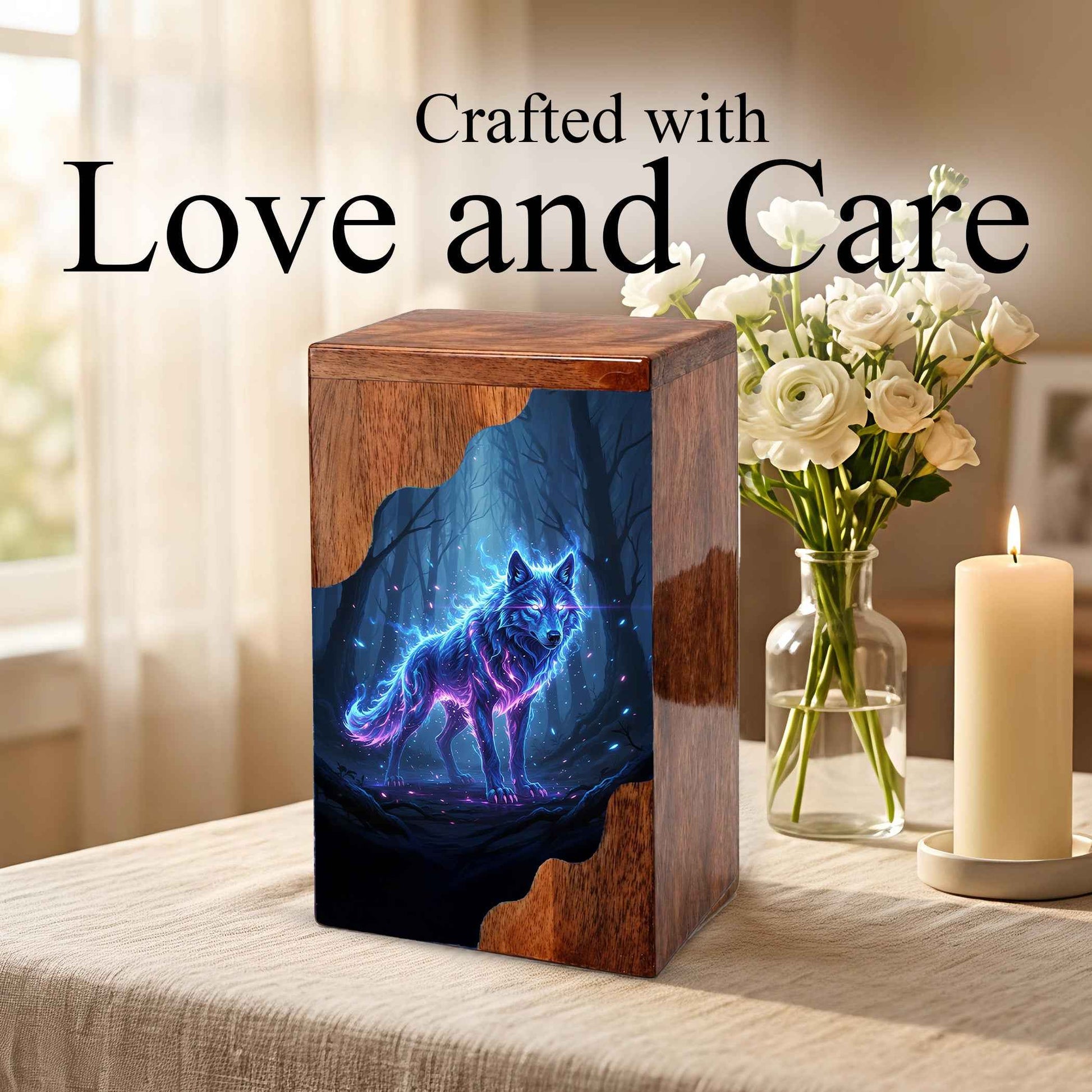 Wooden Cremation Urn – Spirit Wolf Memorial Urn | Custom Wooden Memorial Urn for Dad