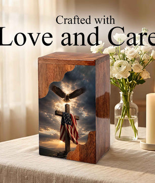 Christian Cross Wooden Cremation Urn for Human Ashes | Patriotic Religious Memorial Urn