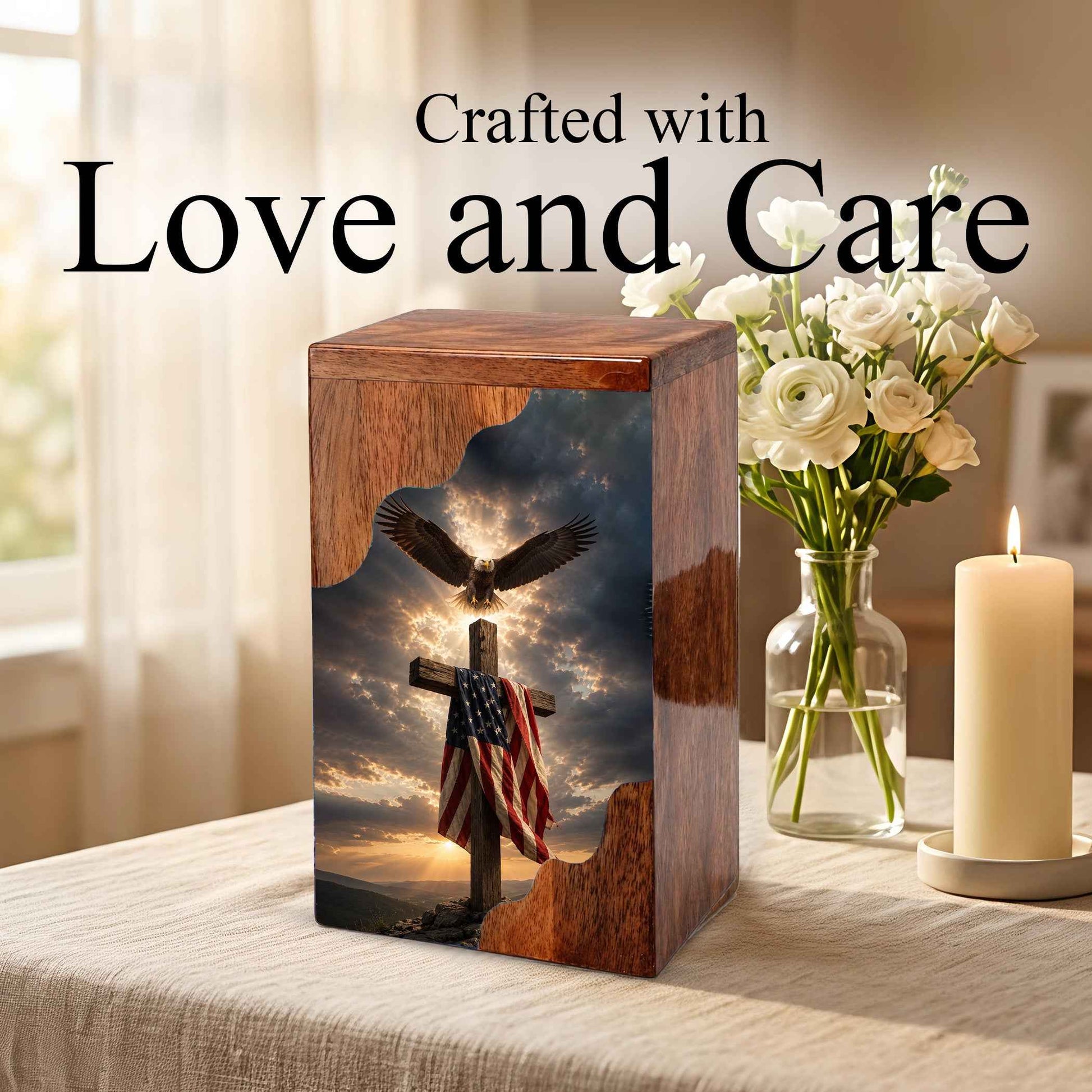 Christian Cross Wooden Cremation Urn for Human Ashes | Patriotic Religious Memorial Urn