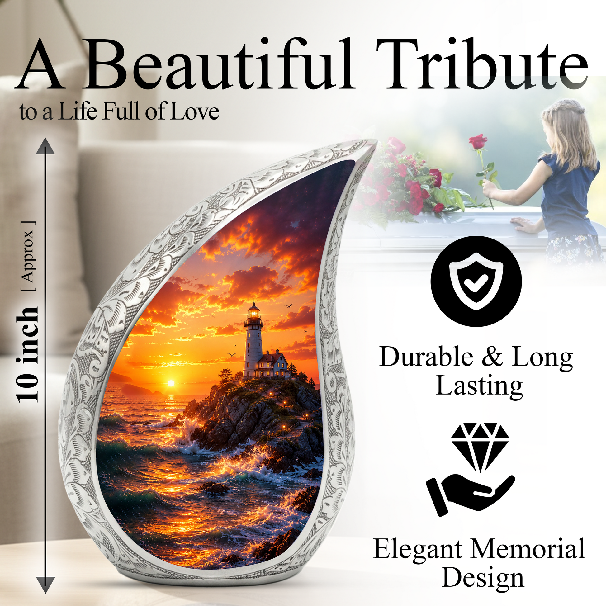 Ocean Sunset Lighthouse Cremation Urn for Human Ashes – Adult Memorial Urn for Dad, Father, Men & Loved Ones