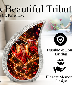 Fairy Heart Cremation Urn for Ashes, Red Rose Fantasy Adult Memorial Urn