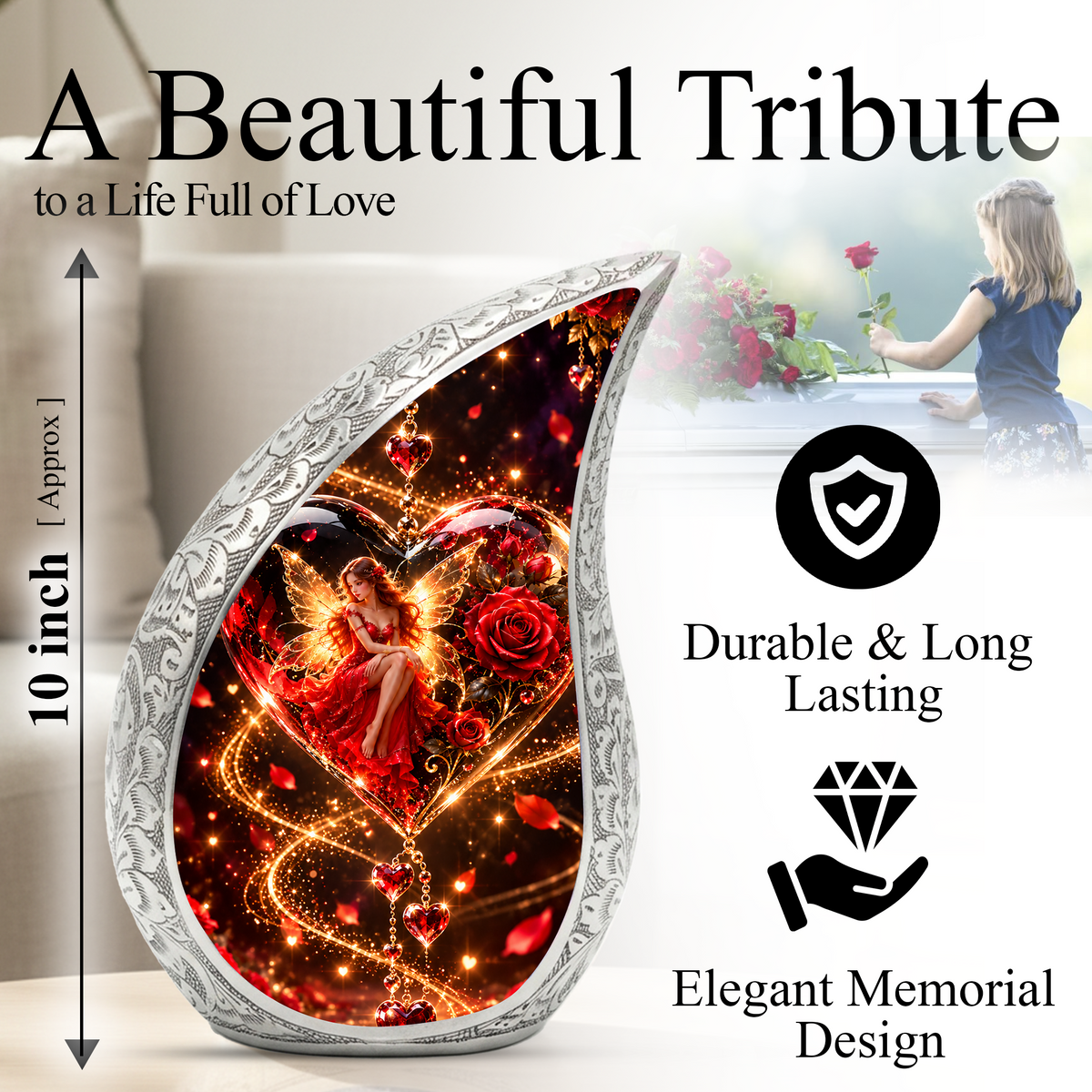 Fairy Heart Cremation Urn for Ashes, Red Rose Fantasy Adult Memorial Urn