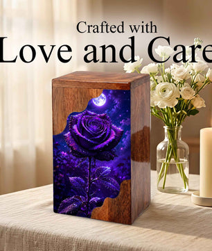 Moonlit Purple Rose Wooden Cremation Urn – Floral Memorial Urn for Human Ashes