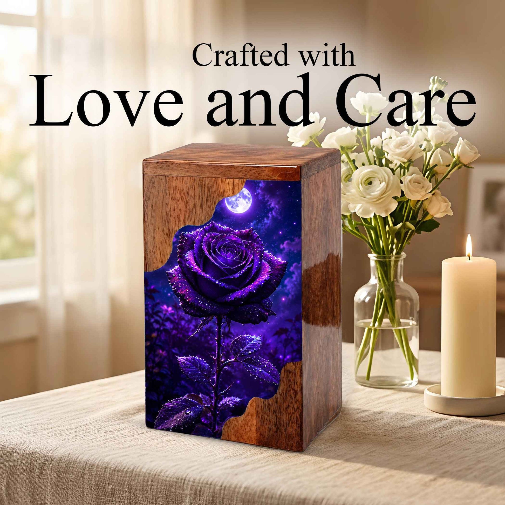 Moonlit Purple Rose Wooden Cremation Urn – Floral Memorial Urn for Human Ashes