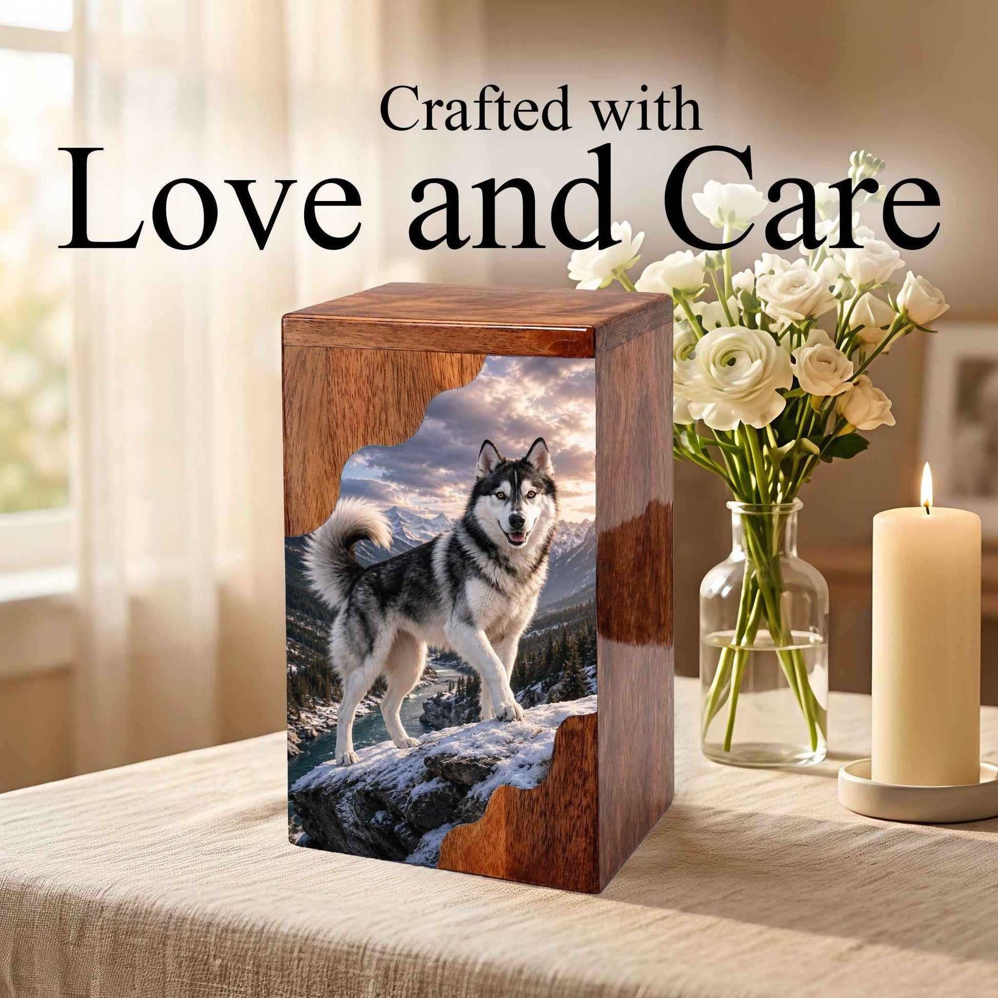 Husky Wooden Cremation Urn – Mountain Memorial Urn