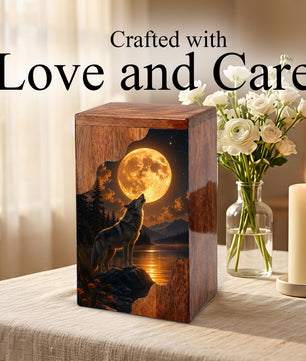 Wolf Moon Wooden Cremation Urn – Personalized Memorial Urn for Human Ashes