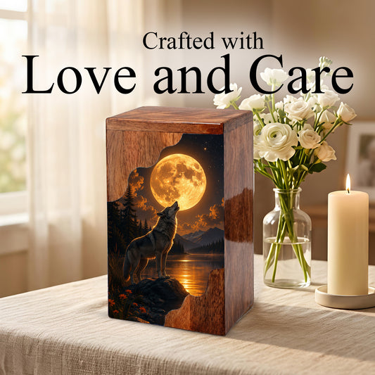 Wolf Moon Wooden Cremation Urn – Personalized Memorial Urn for Human Ashes