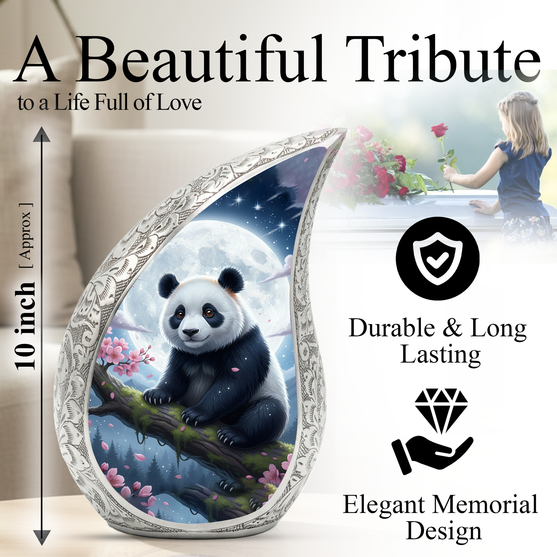 Moonlit Panda Personalized Cremation Urn – Teardrop Style Aluminum Memorial Urn, 10 Inch