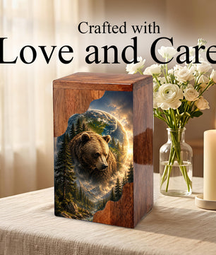 Bear Wooden Cremation Urn – Mountain Memorial Urn for Human Ashes