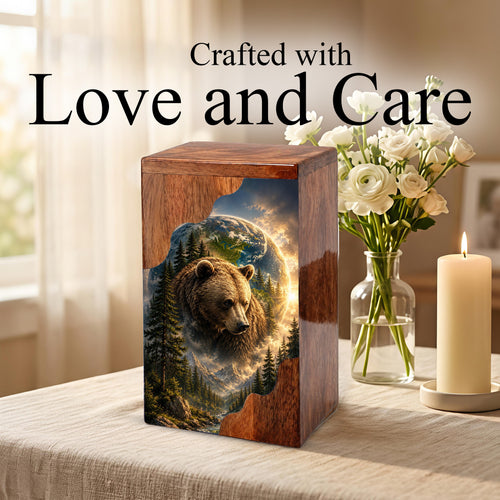 Bear Wooden Cremation Urn – Mountain Memorial Urn for Human Ashes