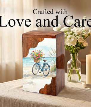 Wooden Cremation Urn – Coastal Bicycle Memorial Urn | Beach Memory Wooden Urn for Ashes