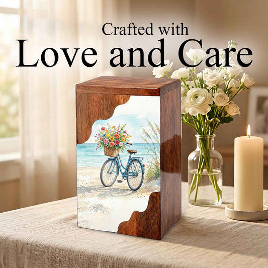 Wooden Cremation Urn – Coastal Bicycle Memorial Urn | Beach Memory Wooden Urn for Ashes