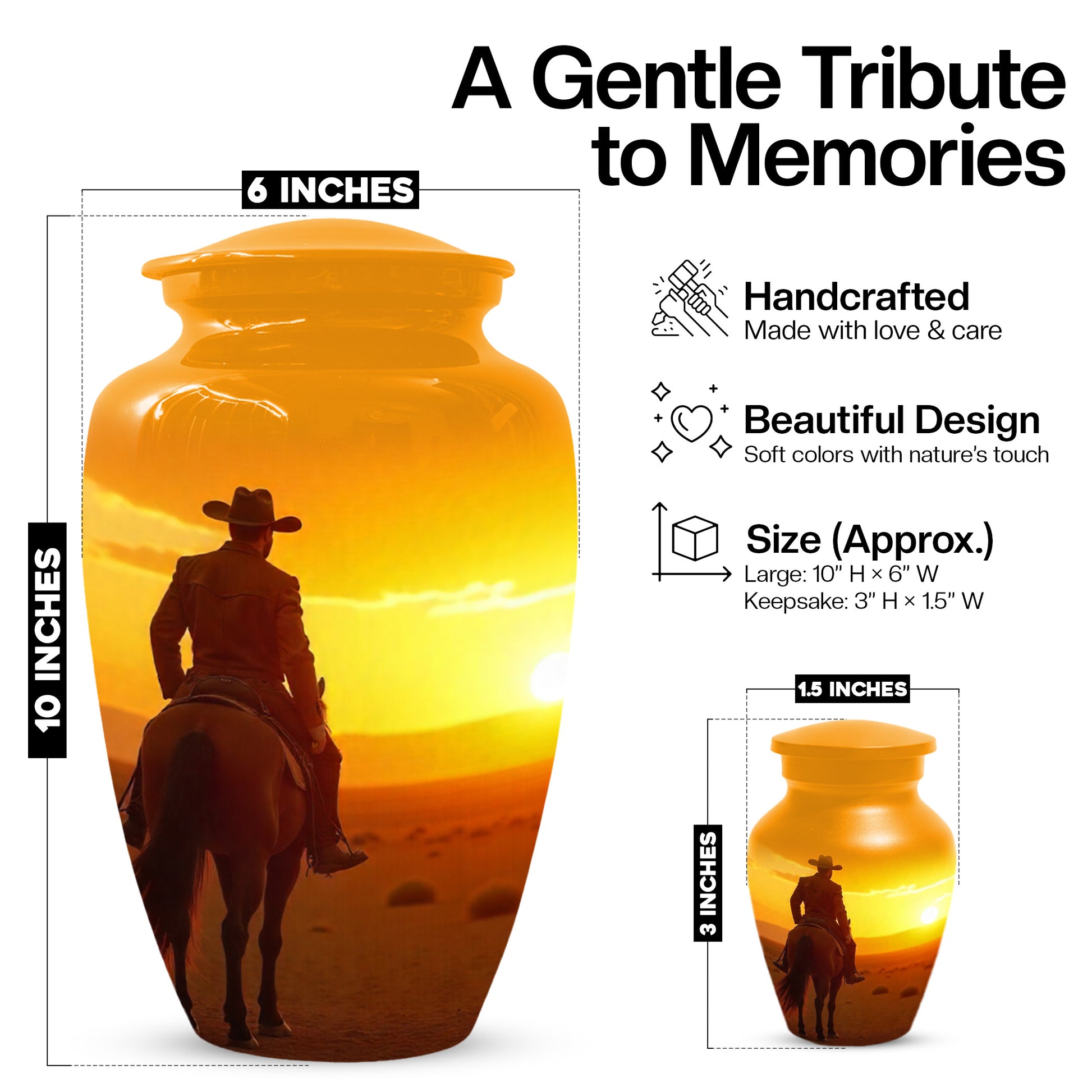 Cowboy Sunset Urn for Adult Ashes | Western Cowboy Cremation Urn for Dad