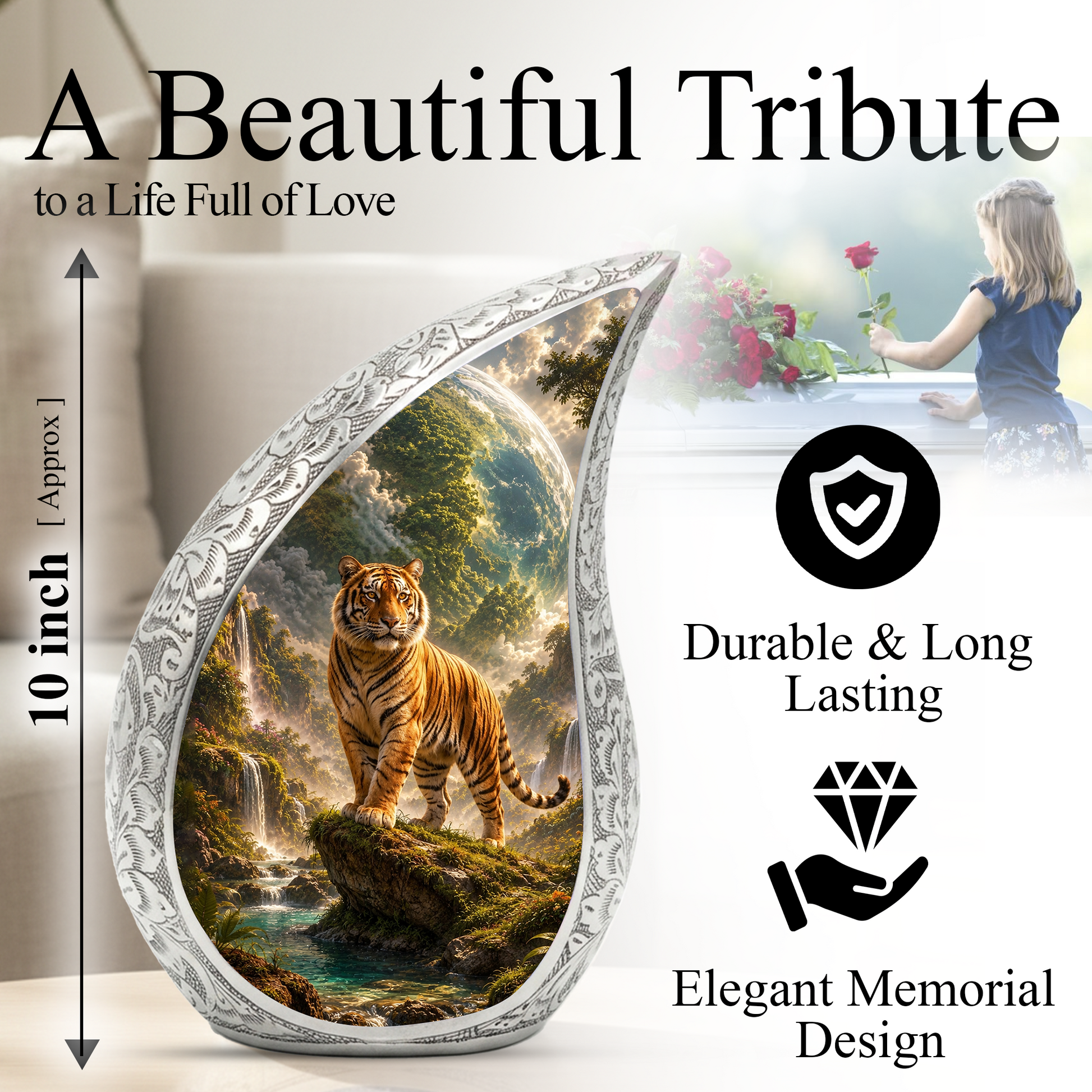 Tiger Urn for Human Ashes | Powerful Tiger Adult Cremation Urn | Wildlife Memorial Urn for Adult Ashes