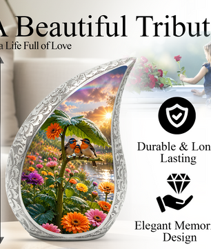 Bird Family Garden Adult Urn – Floral Nature Adult Cremation Urn for Human Ashes