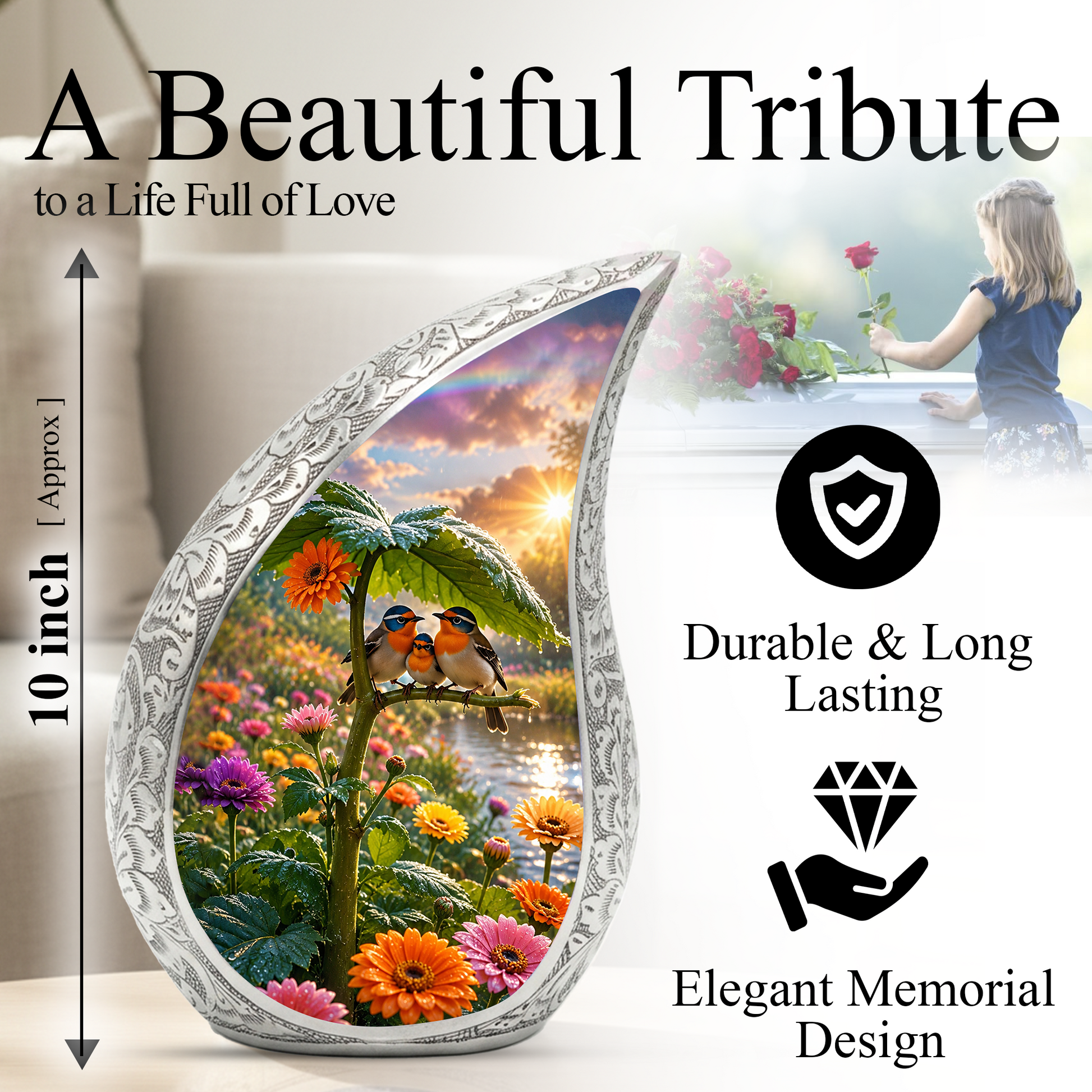 Bird Family Garden Adult Urn – Floral Nature Adult Cremation Urn for Human Ashes