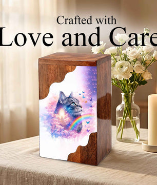 Wooden Cat Cremation Urn – Custom Cat Memorial Urn with Rainbow Bridge Design