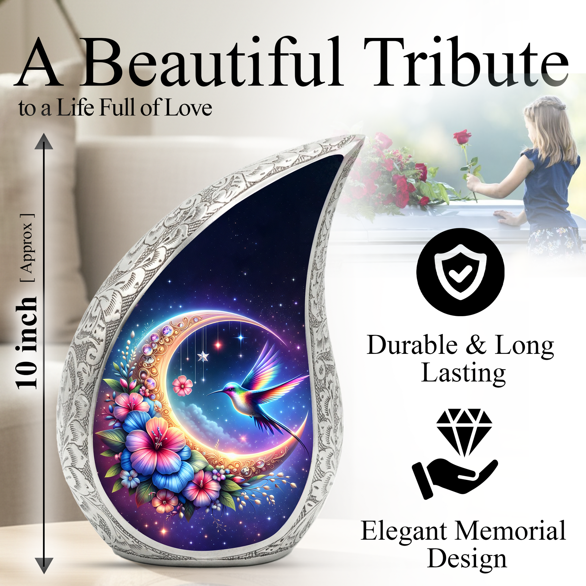 Beautiful Flower Moon with Hummingbird Cremation Urn for Mom & Loved Ones