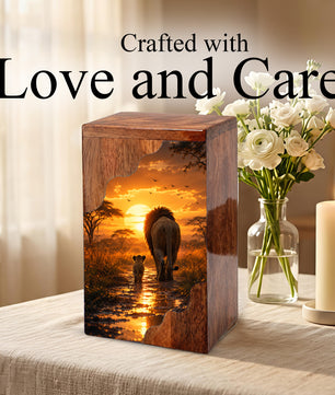 Lion Wooden Cremation Urn – Sunset Memorial Urn for Human Ashes | Strength, Love & Eternal Connection Wooden Urn