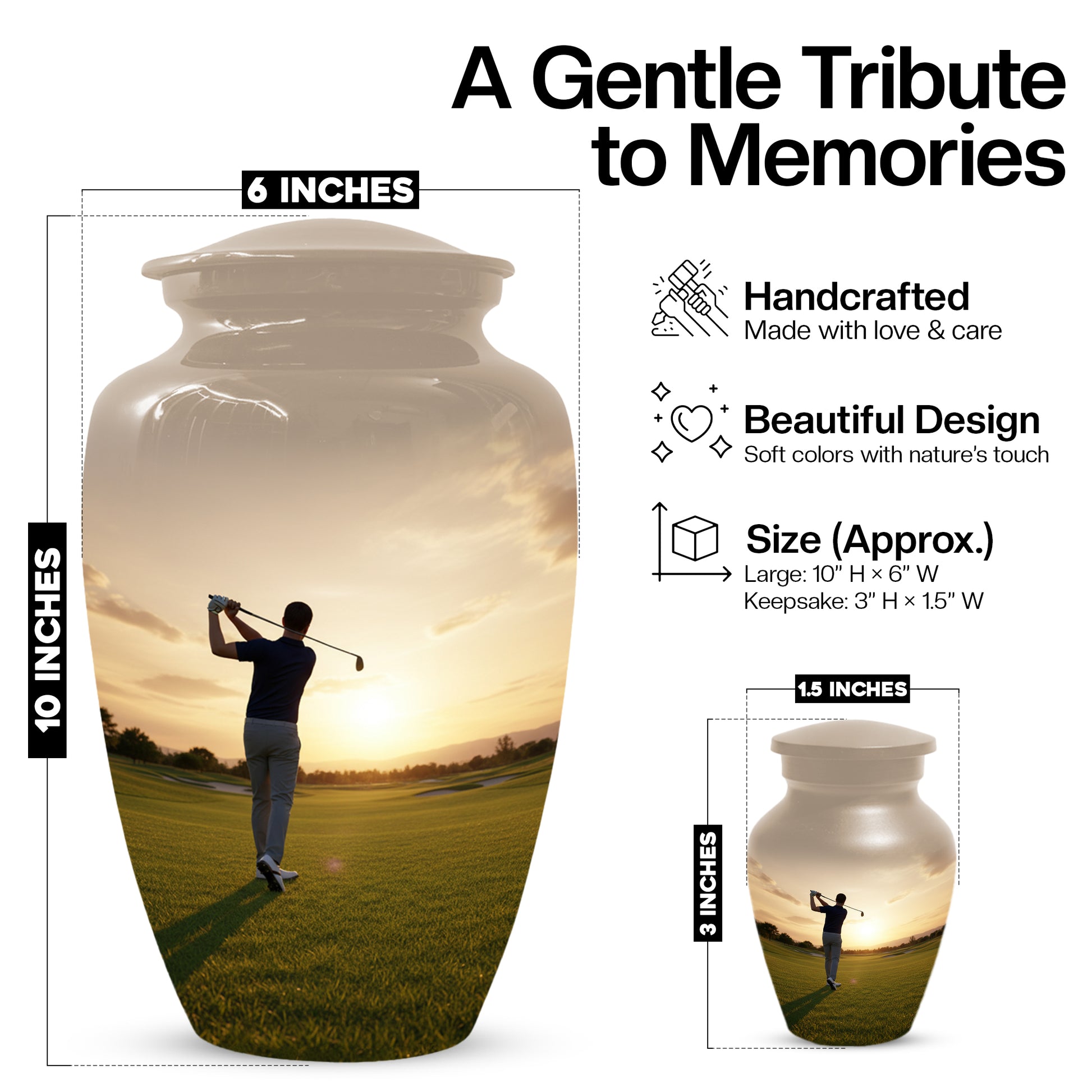 Golf Sunset Adult Urn for Human Ashes | Personalized Golf Cremation Ursn for Men & Dad