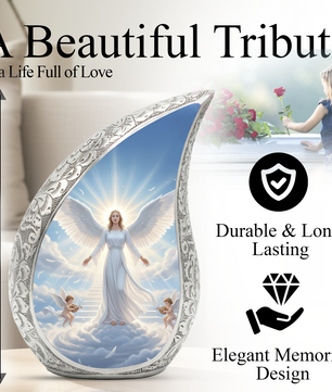 Personalized Angel Cremation Urn – Custom Heavenly Memorial Urn for Ashes, Guardian Angel Teardrop Aluminum Adult Urn, 10 Inch