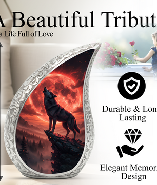 Crimson Moon Wolf Personalized Cremation Urn – Teardrop Memorial Urn for Ashes | 10 Inch