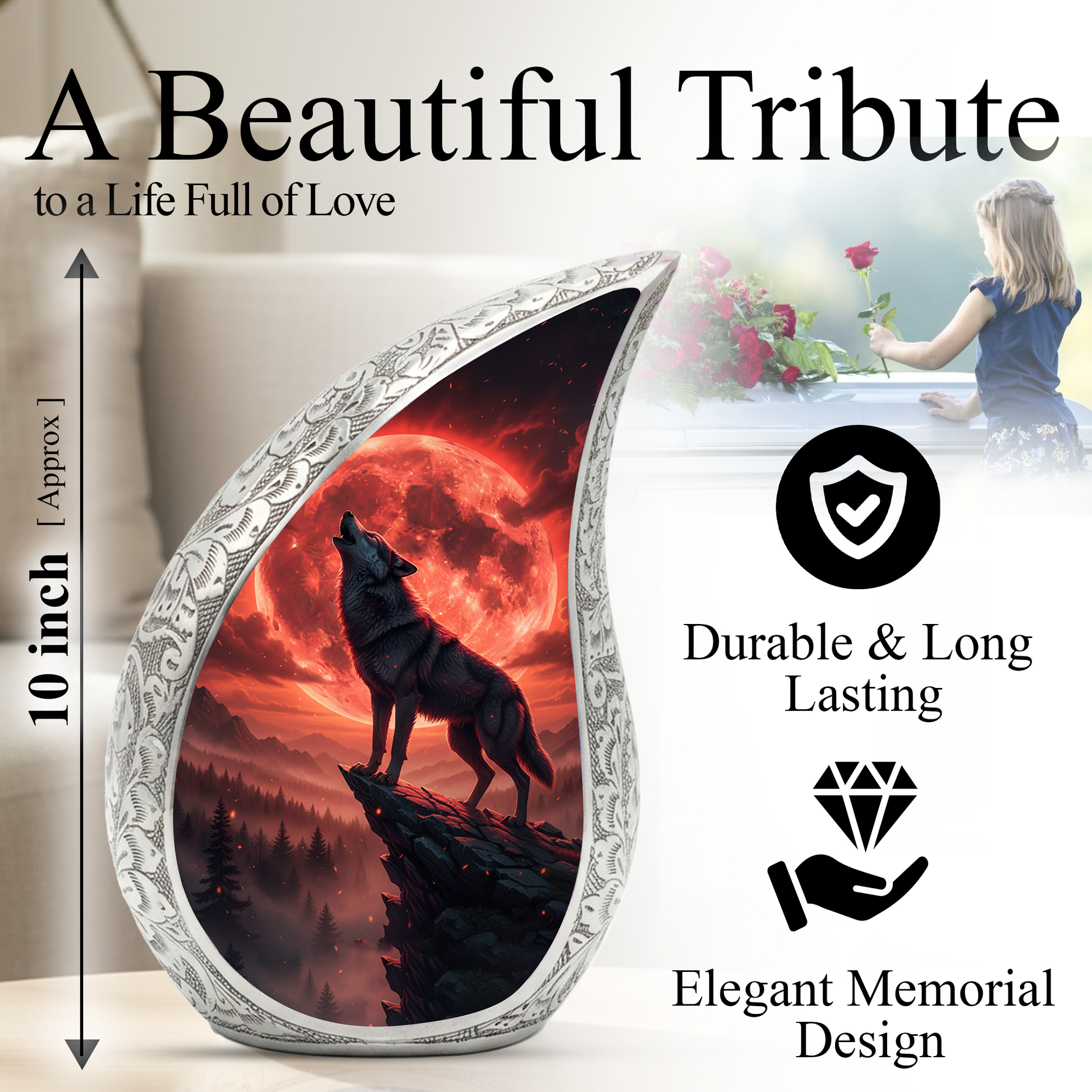 Crimson Moon Wolf Personalized Cremation Urn – Teardrop Memorial Urn for Ashes | 10 Inch