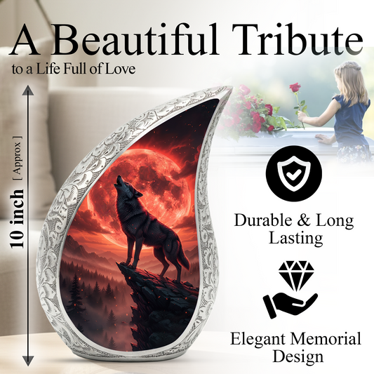 Crimson Moon Wolf Personalized Cremation Urn – Teardrop Memorial Urn for Ashes | 10 Inch