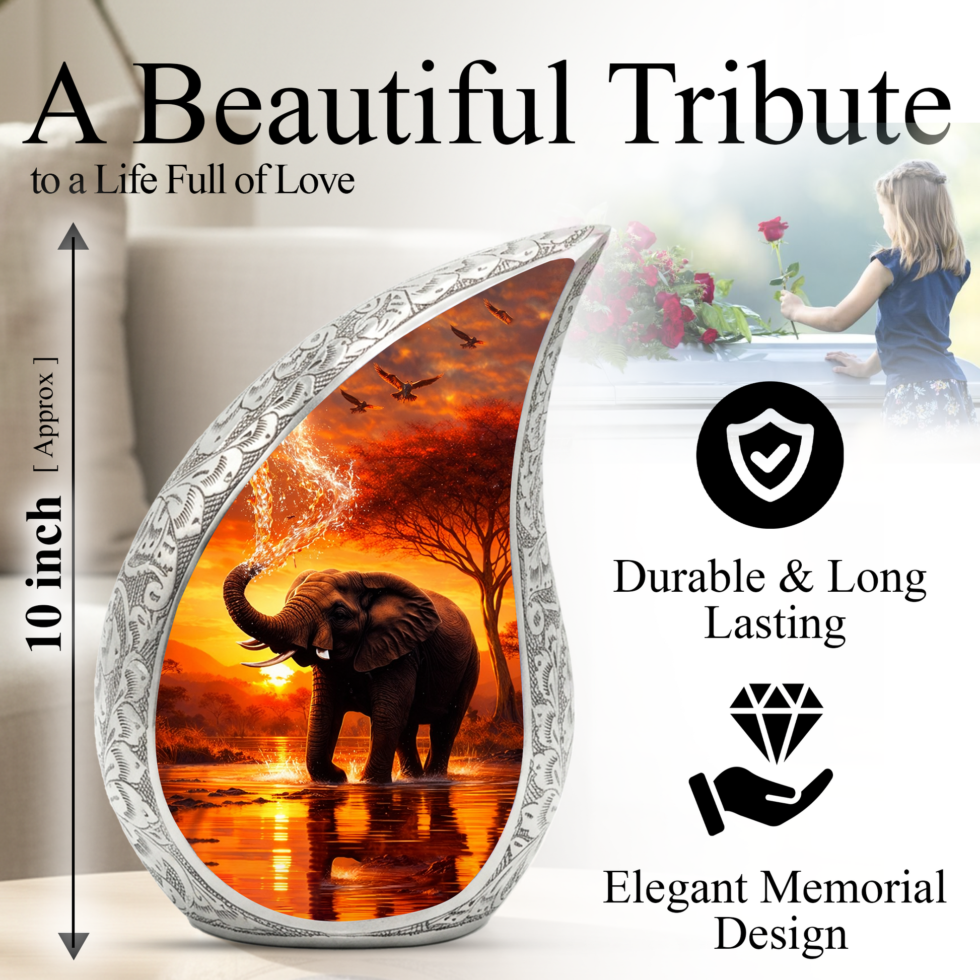 Elephant Sunset Adult Urn for Human Ashes – Premium Elephant Cremation Urn