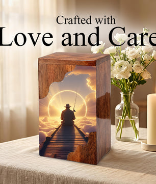 Fishing in Heaven Personalized Wooden Cremation Urn for Dad – Custom Memorial Urn with Sunset Fishing