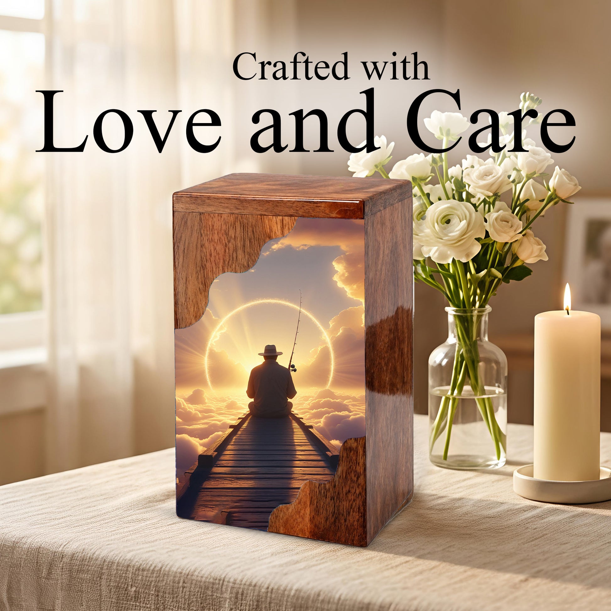 Fishing in Heaven Personalized Wooden Cremation Urn for Dad – Custom Memorial Urn with Sunset Fishing