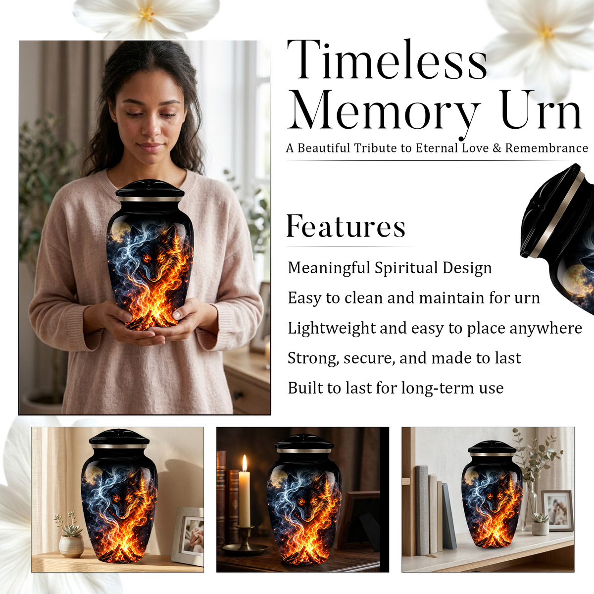 Personalized Adult Cremation Urn for Ashes, Fiery Wolf Memorial Urn, Black Wolf Cremation Urn