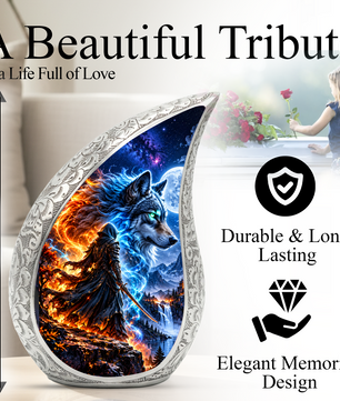 Wolf Warrior Urn for Human Ashes, Adult Cremation Urn with Blue and Fiery Wolf Artwork