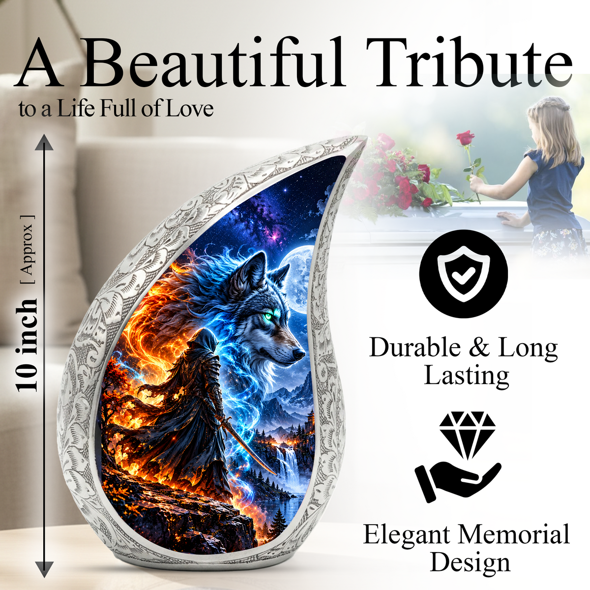 Wolf Warrior Urn for Human Ashes, Adult Cremation Urn with Blue and Fiery Wolf Artwork