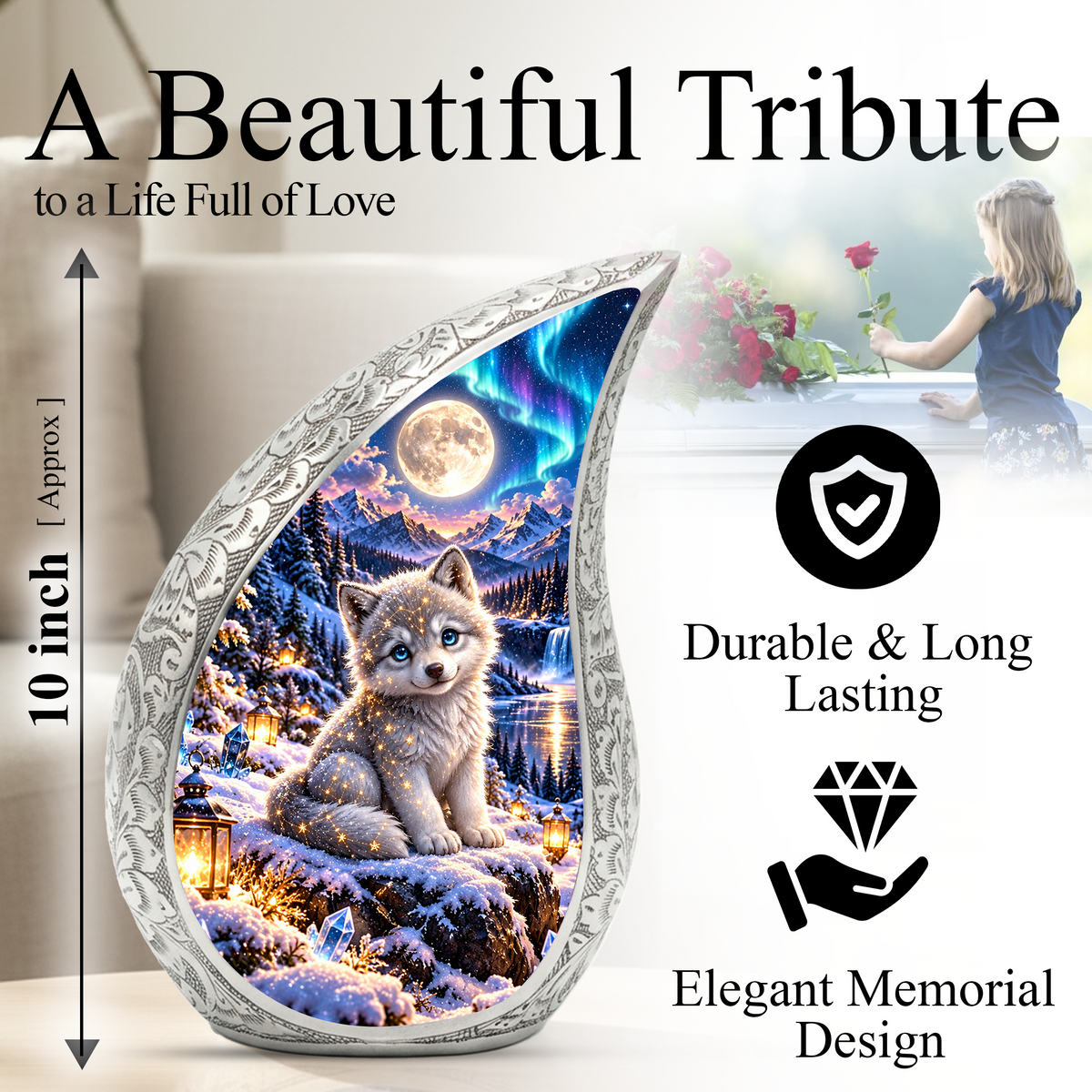 Wolf Urn for Ashes, Husky Puppy Aluminum Cremation Urn
