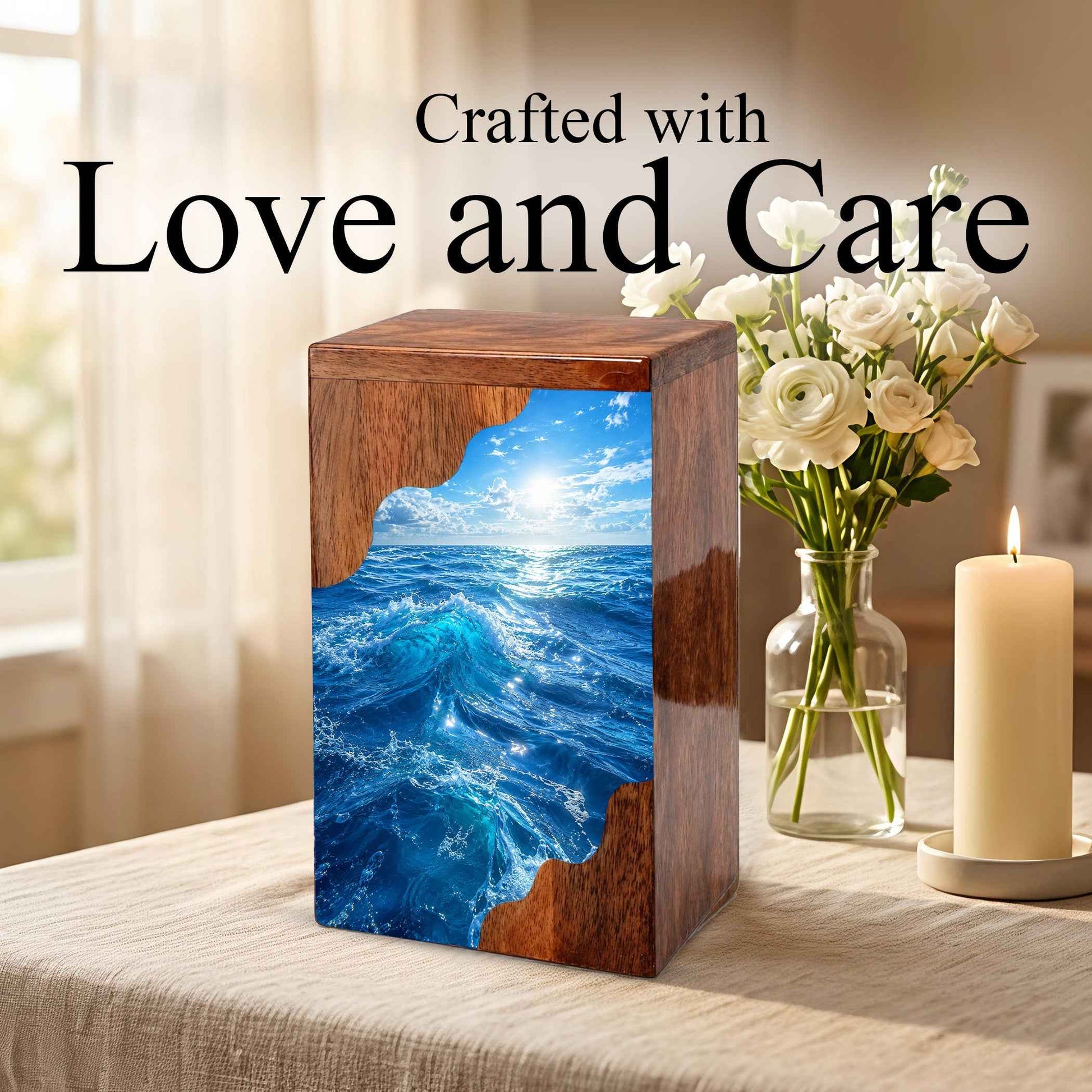 Ocean Wave Wooden Cremation Urn – Wooden Urn for Human Ashes