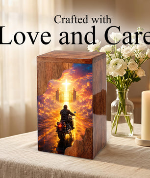 Motorcycle Heaven Wooden Cremation Urn – Christian Memorial Urn for Human Ashes
