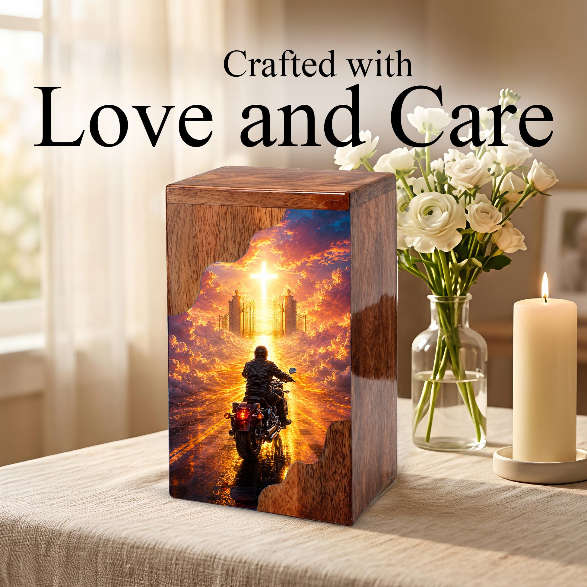Motorcycle Heaven Wooden Cremation Urn – Christian Memorial Urn for Human Ashes