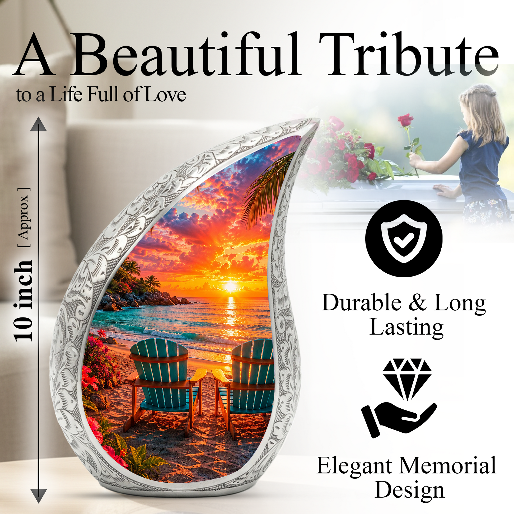 Beach Sunset Adult Cremation Urn for Mom, Dad, Women & Men, Tropical Memorial Urn for Ashes