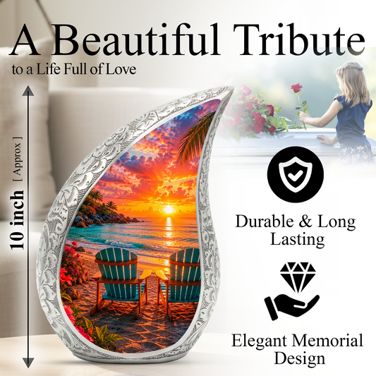 Beach Sunset Adult Cremation Urn for Mom, Dad, Women & Men, Tropical Memorial Urn for Ashes