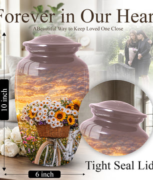 Flower Urn for Mom, Floral Cremation Large Urn for Ashes, Daisy & Sunflower Memorial Urn for Women