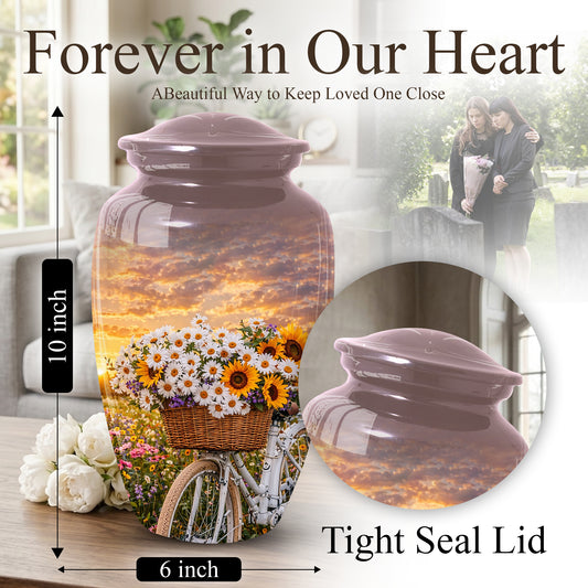Flower Urn for Mom, Floral Cremation Large Urn for Ashes, Daisy & Sunflower Memorial Urn for Women