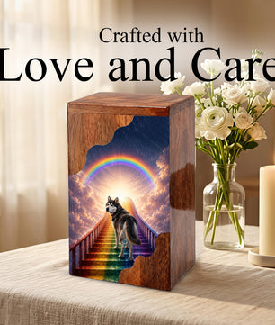 Personalized Husky Dog Urn for Ashes, Rainbow Bridge Wooden Cremation Urn