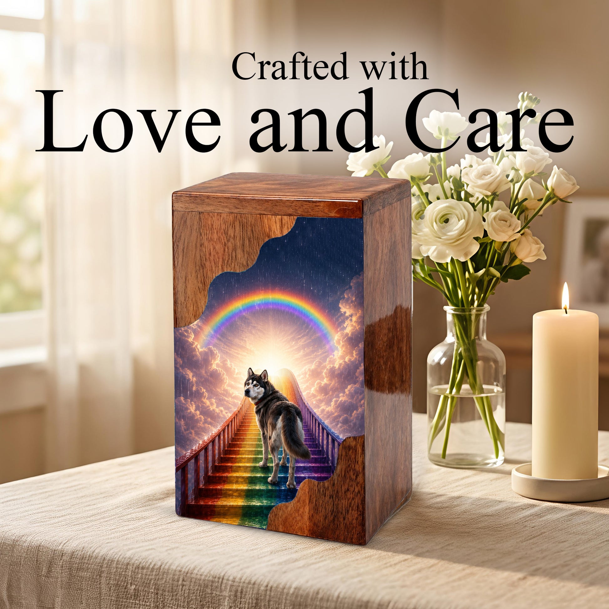 Personalized Husky Dog Urn for Ashes, Rainbow Bridge Wooden Cremation Urn