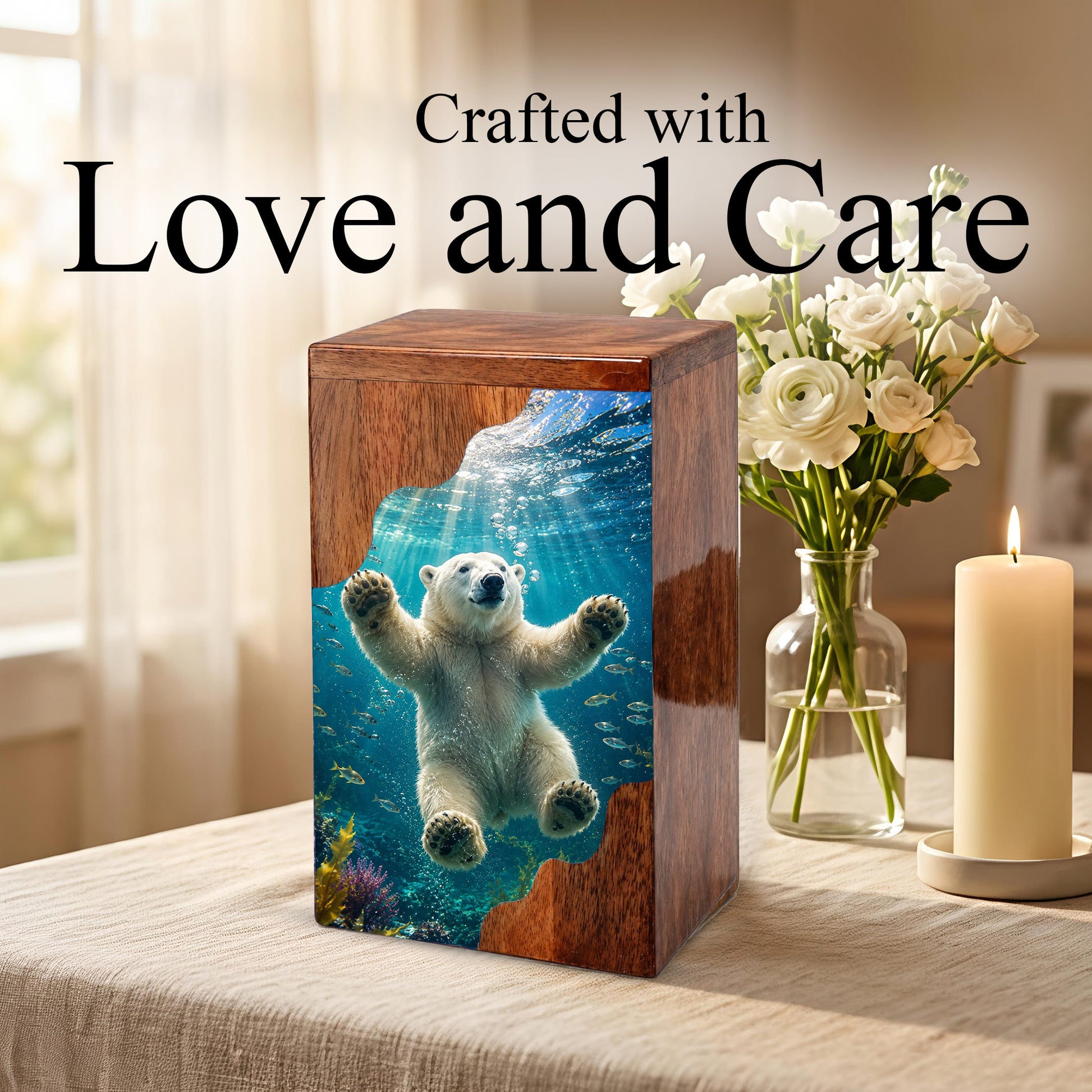 Polar Bear Wooden Cremation Urn – Ocean Memorial Urn for Human Ashes