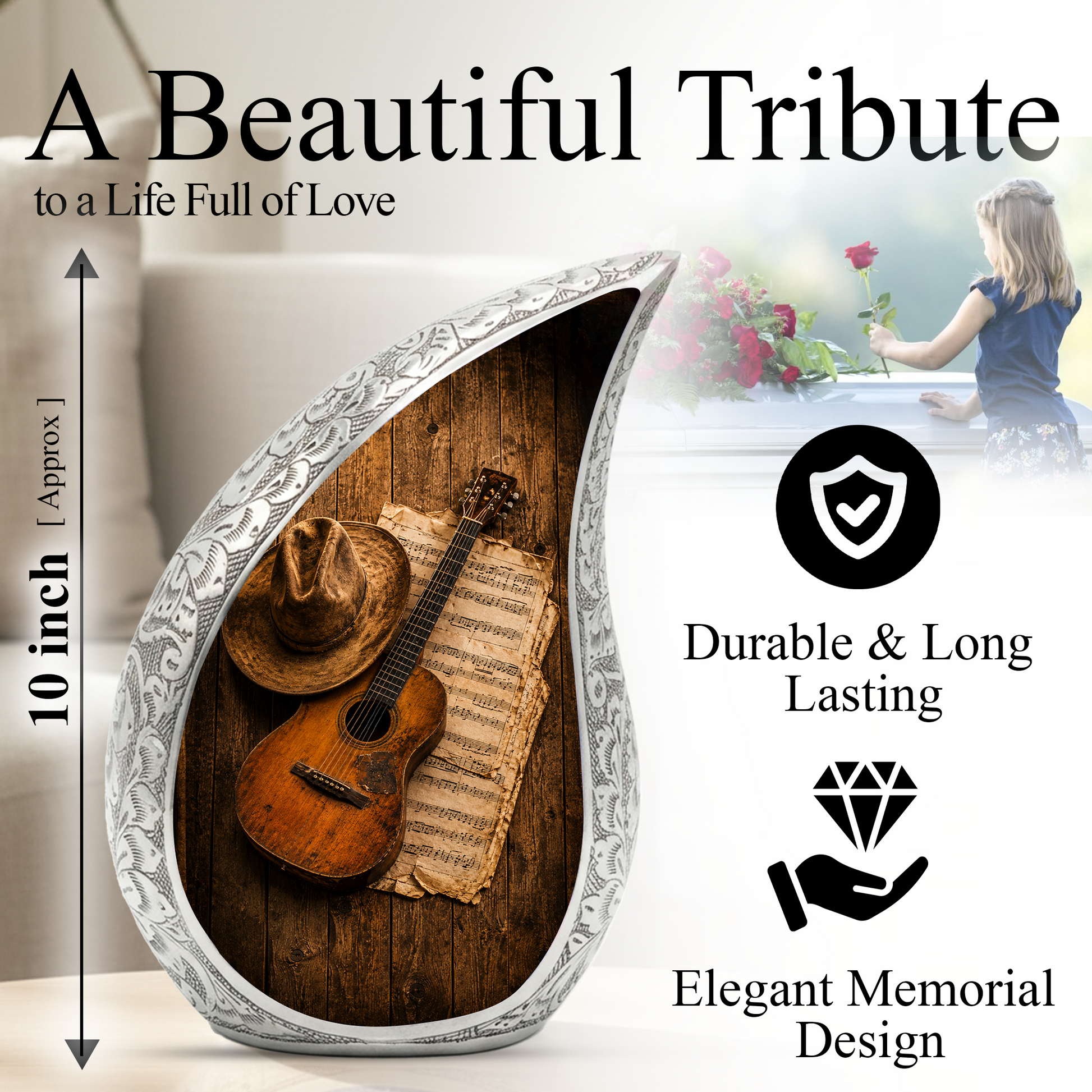 Guitar Urn for Human Ashes | Rock Music Adult Cremation Urn | Guitar Memorial Urn for Adult Ashes
