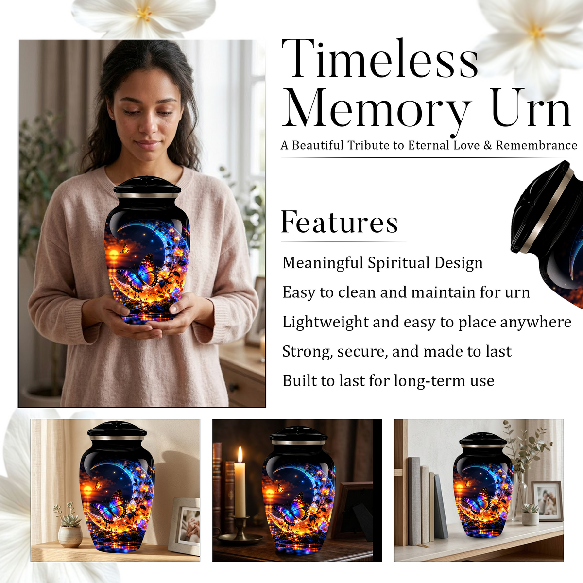 Butterfly Moon Cremation Urn for Adult Ashes, Personalized Adult Memorial Urn with Sunset and Floral Design