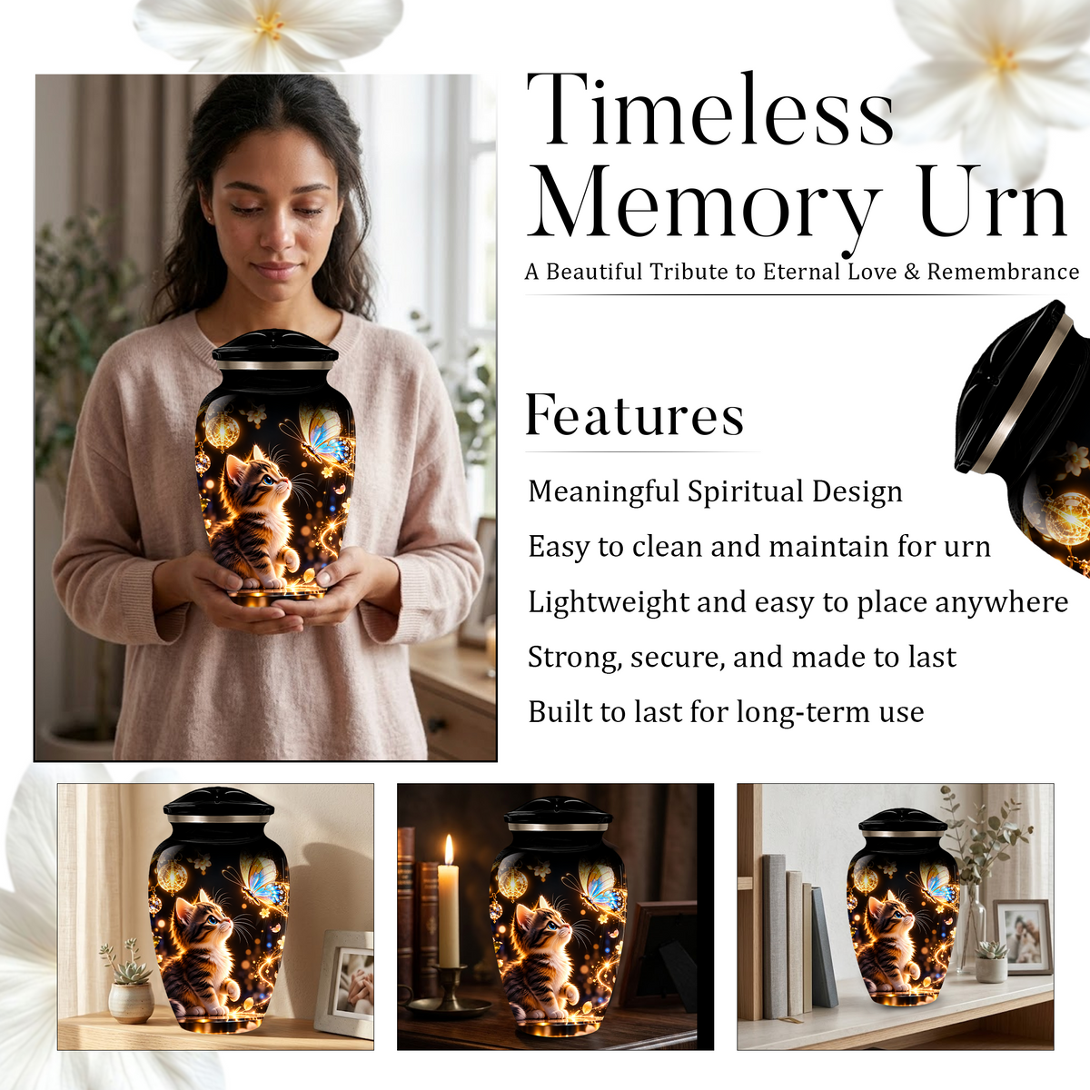 Kitten and Butterfly Cremation Urn for Adult Ashes, Personalized Cat Memorial Urn