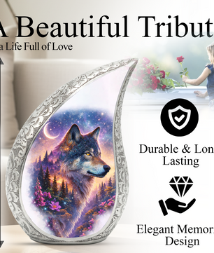 Personalized Wolf Dog Cremation Urn – Custom Pet Memorial Urn for Dog Ashes, Woodland Wolf Teardrop Aluminum Pet Urn, 10 Inch